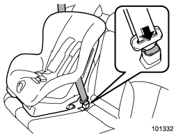 9. To remove the child restraint system, press the release button on the seatbelt